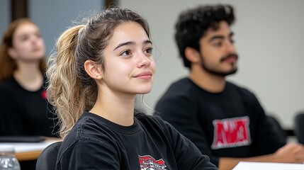 Obraz premium A young Hispanic woman attentively listens in a classroom setting, wearing a black t-shirt and a thoughtful expression.