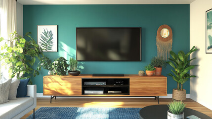 Modern Living Room Interior Design  Teal Walls  Wooden TV Stand  Plants