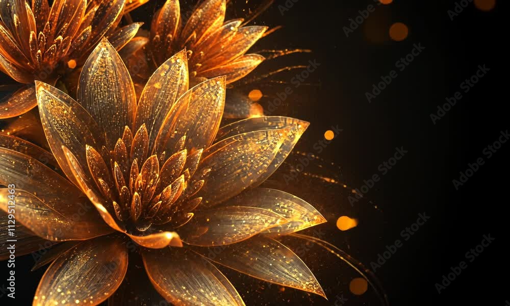 Poster golden floral bloom surrounded by floating sparkles in dynamic motion