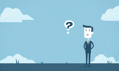 Conflicted businessman stands in a minimal landscape with clouds and a question mark overhead