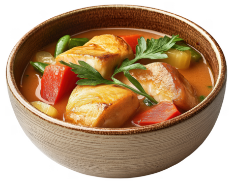 Bowl of fish stew with vegetables and herbs