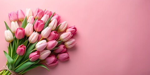 bouquet of tulips with pink background with copy space 