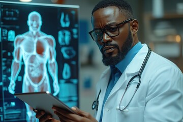 Doctor using digital tablet and checking patient test results standing near big screen with virtual human body