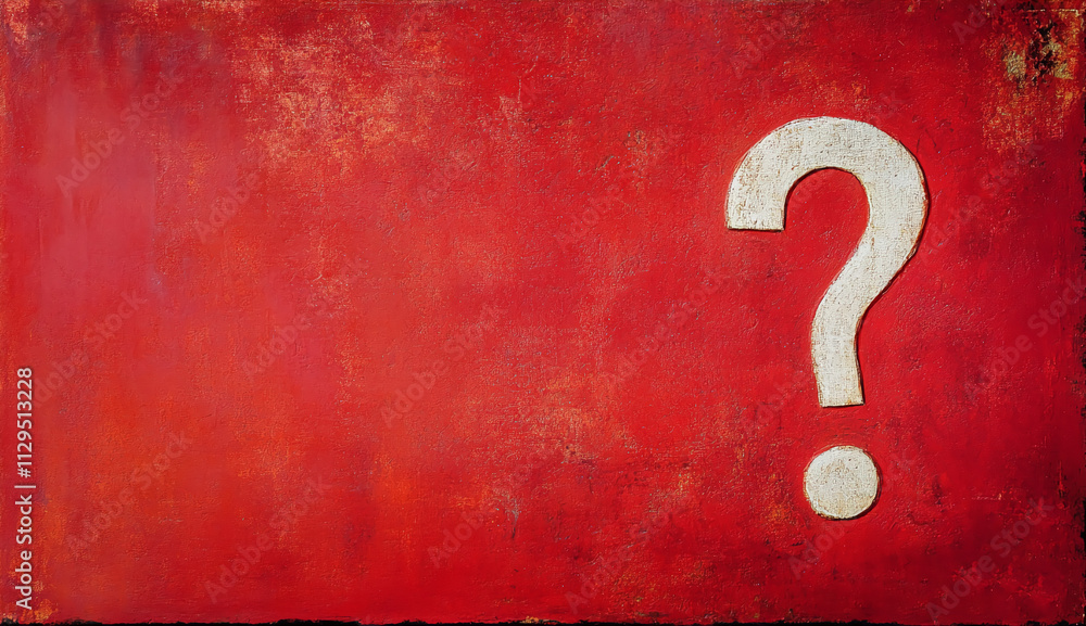 Poster Bold question mark against a vibrant red background inviting curiosity and reflection about uncertainties in life