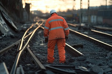 Construction worker wearing in uniform and building railway lines
