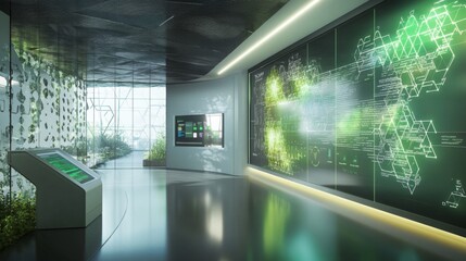 A modern interior highlights advanced AI installations focused on sustainable finance. Interactive displays convey financial data, surrounded by greenery that emphasizes eco-friendly practices.