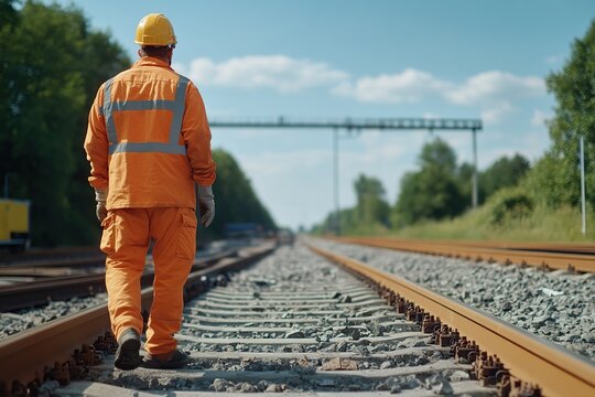 Construction worker wearing in uniform and building railway lines