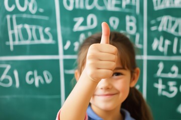 Young student shows enthusiasm with thumbs up in classroom setting