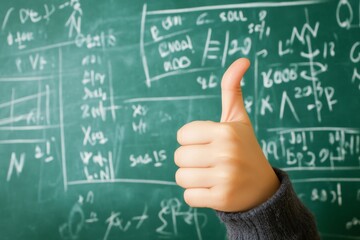 Student shows a thumbs up in front of a green chalkboard filled with complex math equations during a classroom session