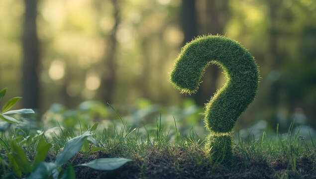 Unique question mark shaped grass symbol amidst lush greenery in a sunlit forest - Powered by Adobe