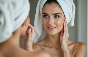 A young woman looks at her face in the mirror after taking a shower, with a towel wrapped around her head, looking fresh and natural, in a calm and private atmosphere.