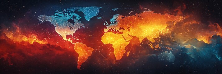 Glowing celestial map of the world with religious symbols lighting up different regions connected by vibrant lines of spiritual unity