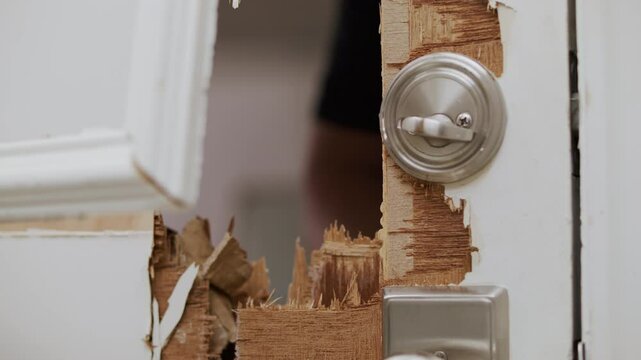 A hand reaches through a hole that has been smashed through a door and it opens the locking latch.