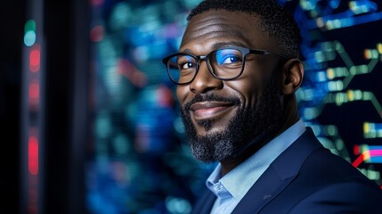 Fototapeta premium Smiling Black man in a suit with glasses, standing against a backdrop of digital data visualizations.