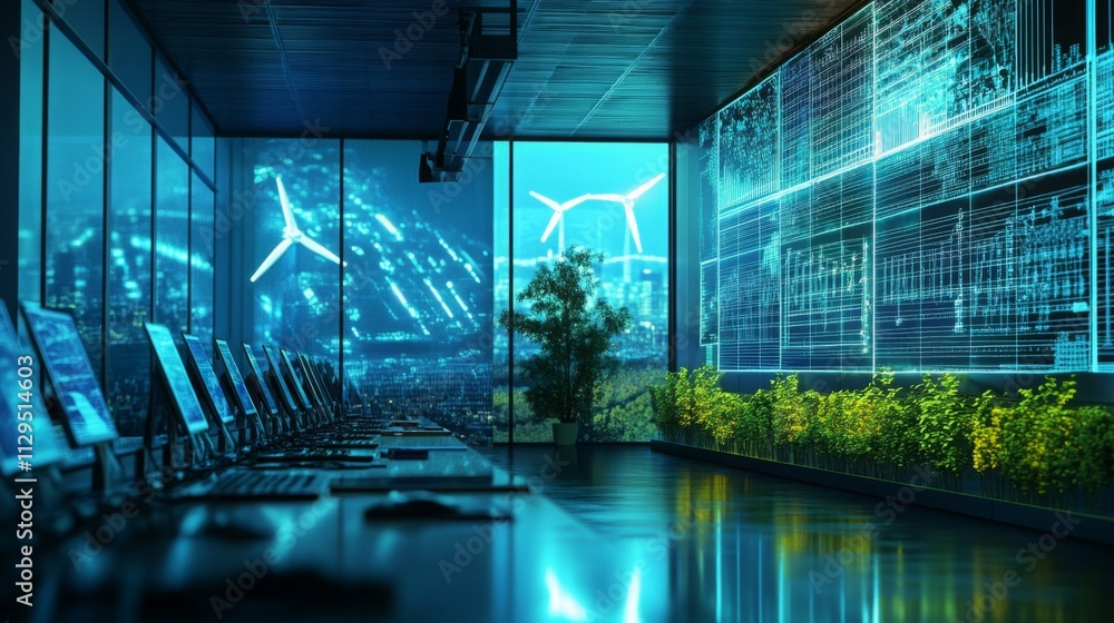 Poster In a high-tech office with large windows, a team is engaged in analyzing data related to sustainable finance.