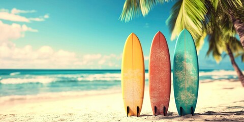Three surfboards are on the beach