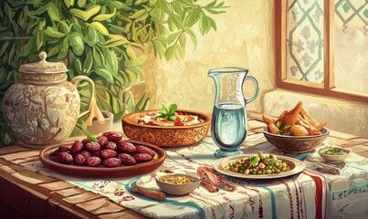 A cozy table setting featuring traditional dishes, fresh ingredients, and a rustic ambiance, capturing a warm culinary experience.