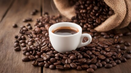 Fototapeta premium Espresso Delight: Aromatic coffee beans surround a small white cup of espresso, promising a rich and invigorating experience. The burlap sack adds a rustic touch.