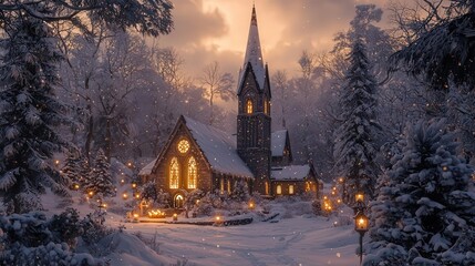 Fototapeta premium Magical winter church at sunset, snow scene.