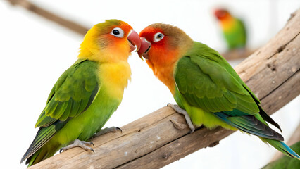 Fototapeta premium Brightly Colored Lovebirds Sitting Close Together on a Wooden Branch