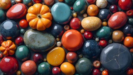 Colorful autumn still life with decorative gourds and smooth stones for seasonal decor