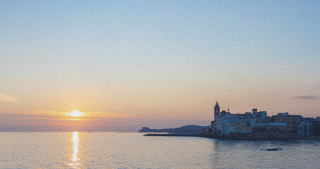 Fototapeta premium Beautiful sunset over the ocean with a small town in the background