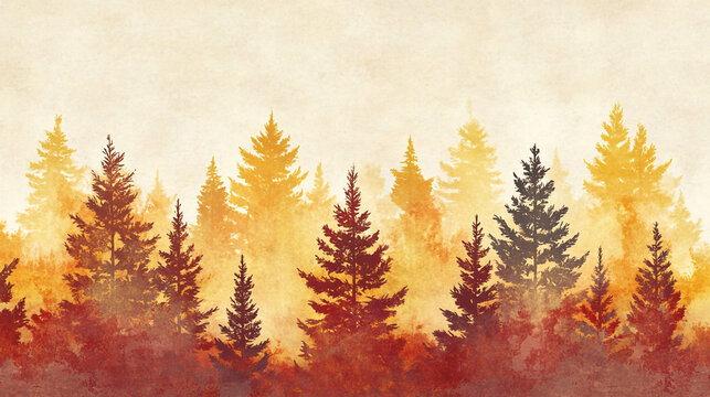 Autumn Forest Watercolor  Misty Pines  Golden Woods  Nature Background