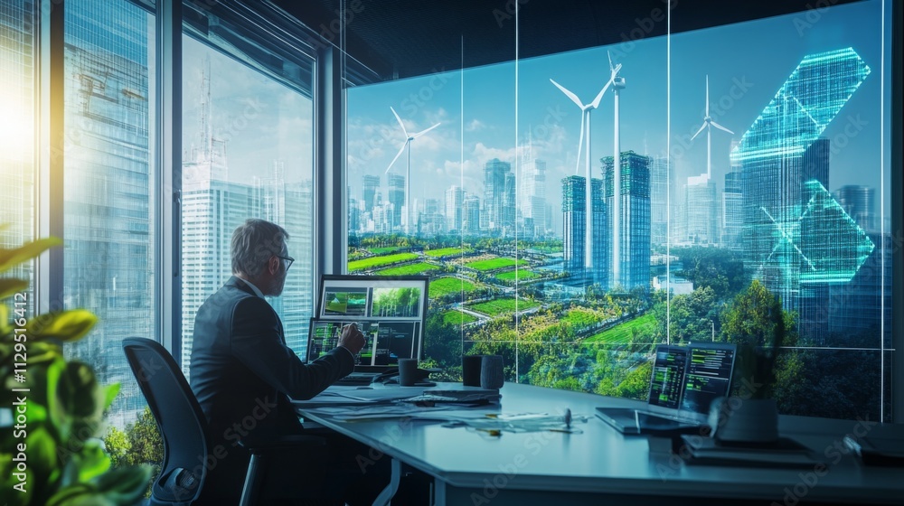 Poster a professional analyzes data on a digital screen in a high-tech office infused with sustainable fina