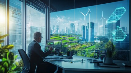 A professional analyzes data on a digital screen in a high-tech office infused with sustainable finance concepts. The background features urban greenery, wind turbines, and futuristic buildings.