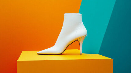 Stylish White Ankle Boot on Yellow Platform  Orange   Teal Background