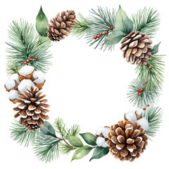 Fototapeta premium Merry Christmas watercolour decor greetings Happy New Year wishes and Xmas elegant Christmas card, with fir branches, pine cone, cotton, leaves, Botanical winter greenery holiday illustration white.