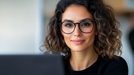Obraz premium Young Middle Eastern woman with curly hair and glasses smiles while working on a laptop.