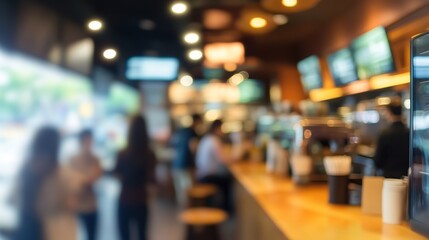 Blurred background of fast food restaurant full of people