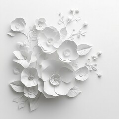 white paper flowers wallpaper on white background, spring summer background, floral design elements
