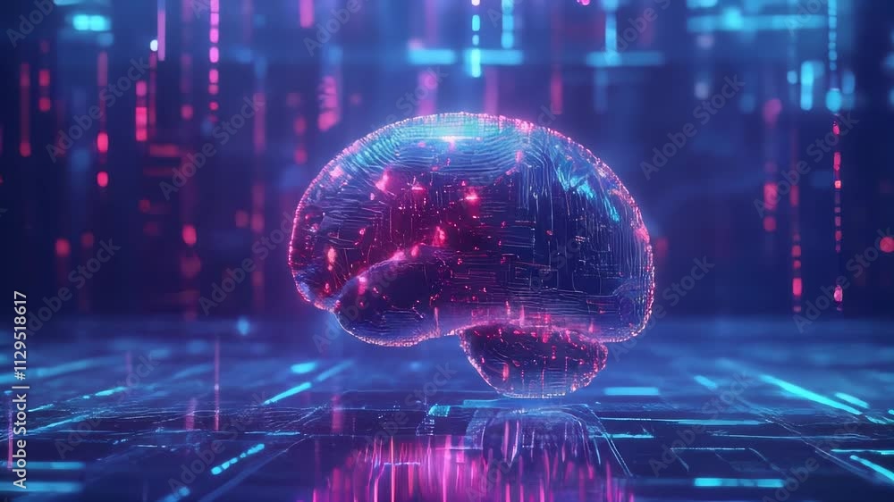 Poster a holographic brain pulsates with energy in a digital environment. ideal for ai, technology, and fut