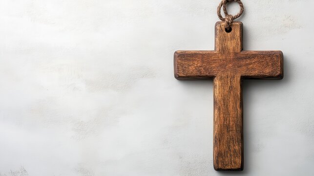 A rustic wooden cross hanging on a rope against a light textured background.