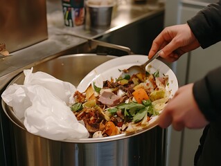 Person scraping leftover food from a plate into a waste bin for disposal.