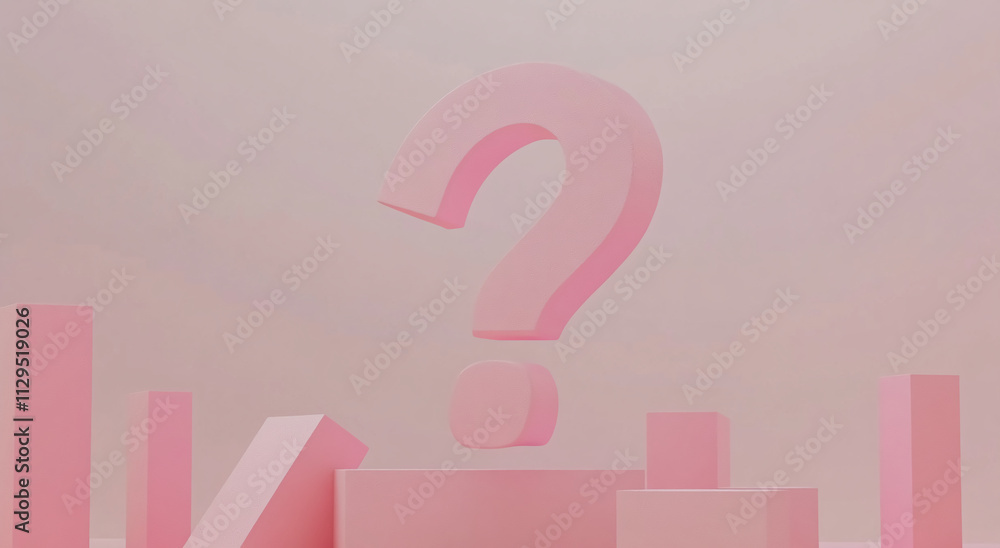 Poster abstract composition displays pink question mark among geometric shapes in soft lighting
