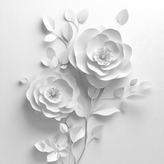 white paper flowers wallpaper on white background, spring summer background, floral design elements