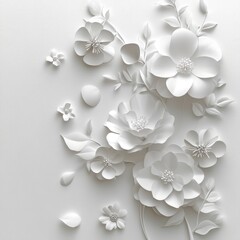 white paper flowers wallpaper on white background, spring summer background, floral design elements