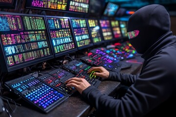 Hacker at multi-monitor setup, colorful digital data displayed, cyber security theme.