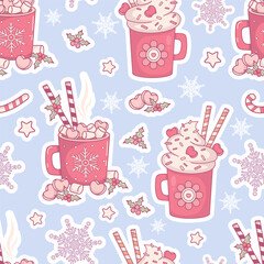 Christmas Seamless pattern. Sweet Cream Dessert Mug, cup Festive Hot Cocoa with Marshmallows on blue background with holly, stars and snowflakes. New Year Vector illustration