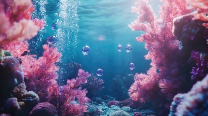 A vibrant underwater scene featuring pink coral reefs and bubbles, creating a serene and colorful marine environment.