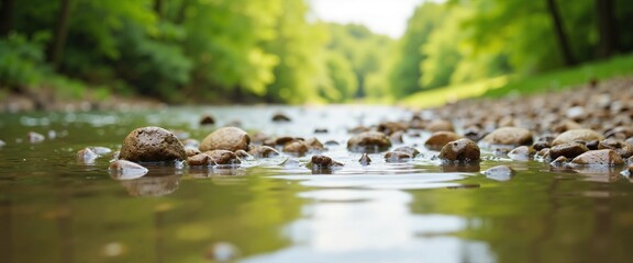 Obraz premium Tranquil Forest Stream with Rocks Reflecting Lush Green Surroundings