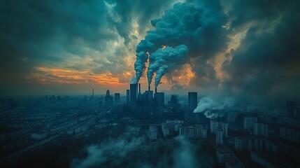 Aerial view of industrial city at sunset with heavy smoke pollution.