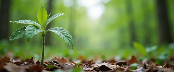 Fototapeta premium Young plant seedling with water droplets growing in forest with copy space