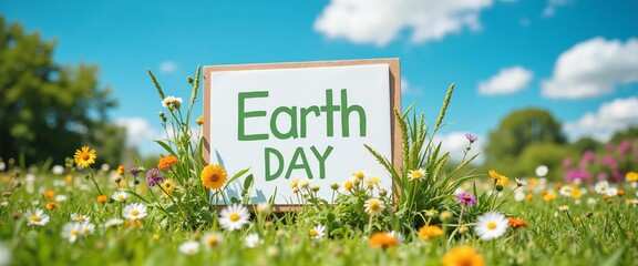 Earth Day Sign with Cheerful Message Among Colorful Wildflowers Against Blue Sky