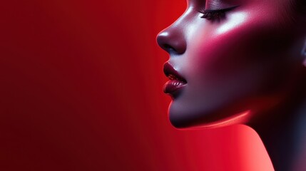 A profile view highlights flawless skin and bold makeup, illuminated by dramatic red lighting. The captivating colors enhance the artistic expression of beauty. Generative AI