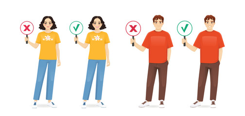 Young teenage man and woman in casual clothes showing right and wrong signs. Vector illustration isolated