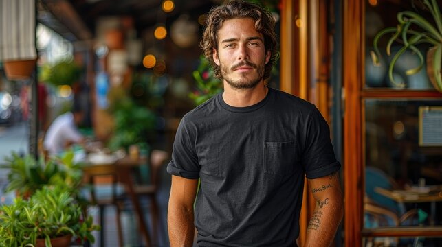 Handsome man standing outdoors near a cafe.